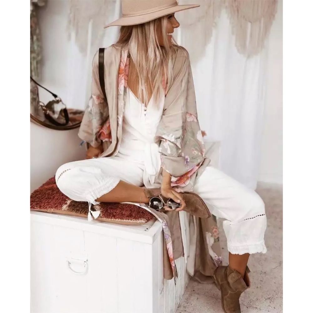 SOLD OUT Boho Tan Floral Peacock Kimono Duster Robe - Picture 2 of 13